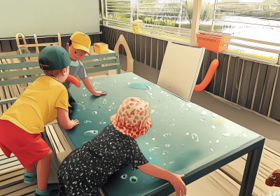 Multiple children engaged in arts and crafts activity around outdoor table on wooden deck with materials spread across surface