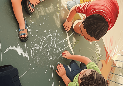 Overhead view of children creating colorful chalk drawings on dark pavement surface with various chalk colors