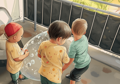 Three young children playing with water in red container on outdoor patio deck during summer activity