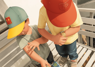 Two boys sitting on wooden outdoor bench examining small objects or toys in hands during outdoor play time